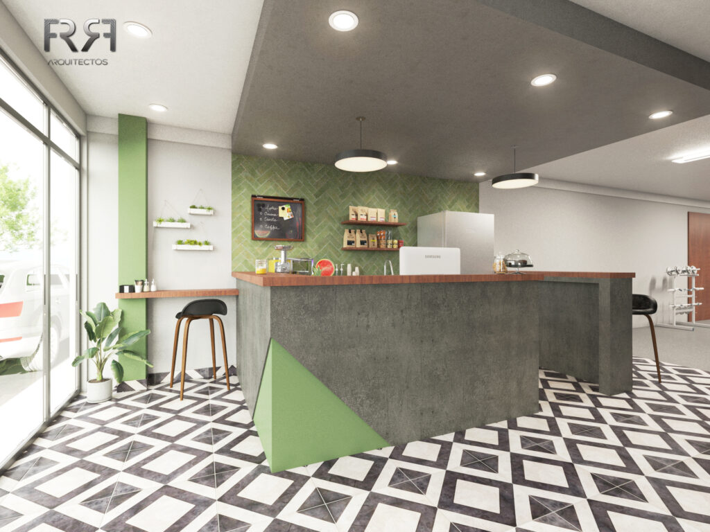 Barra de café moderna con tonos grises, verdes y blancos, reflejando elegancia y estética arquitectónica.